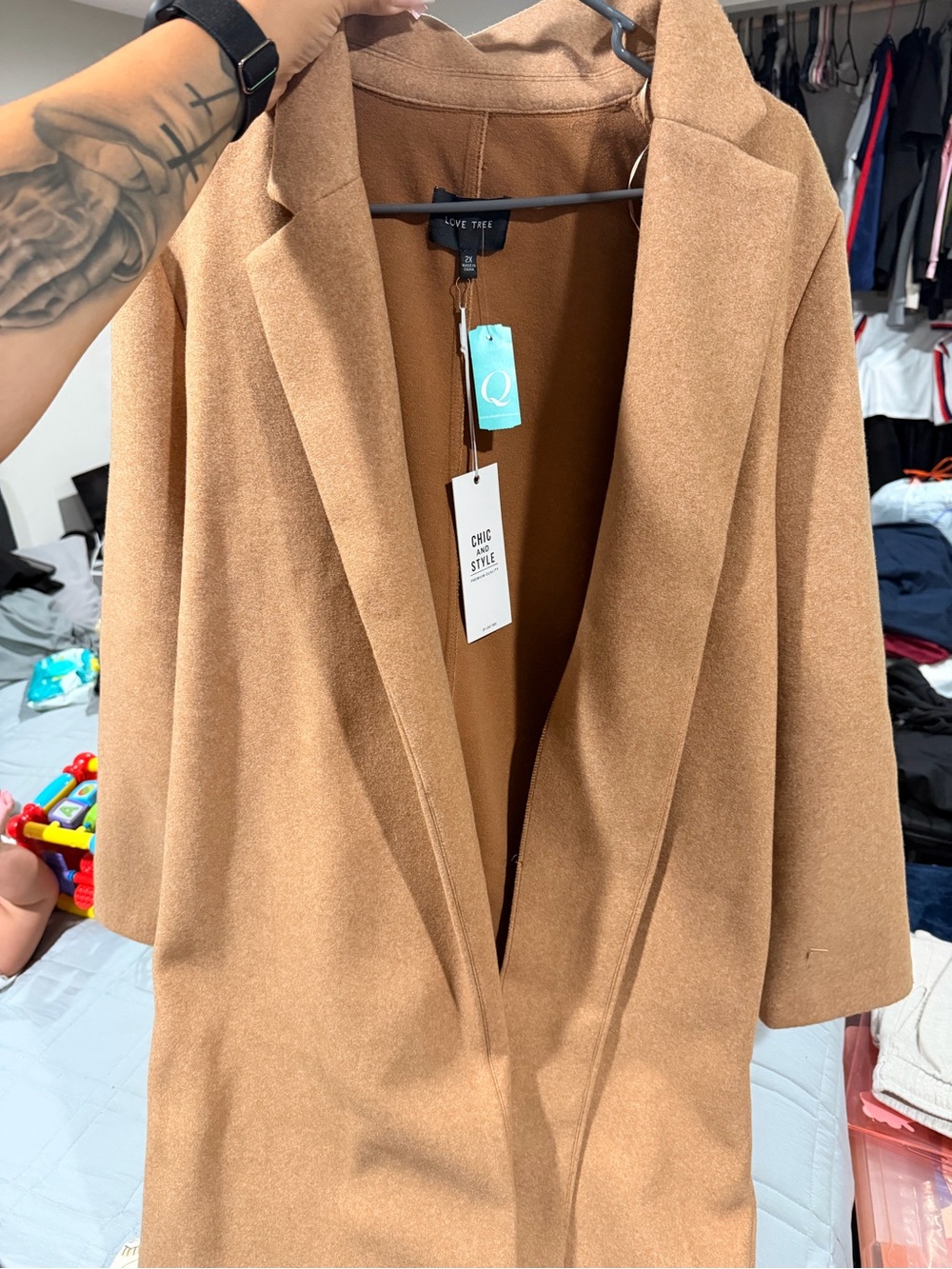 Women's Tan Long Wool-Blend Coat